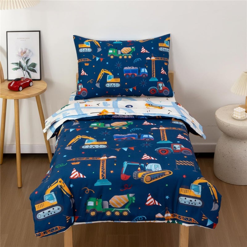 NTBED 4 Pieces Construction Truck Toddler Bedding Set for Baby Boys, Flags Vehicles Excavator Cars Printed, Includes Comforter, Flat Sheet, Fitted Sheet and Pillowcase,Navy - Image 1